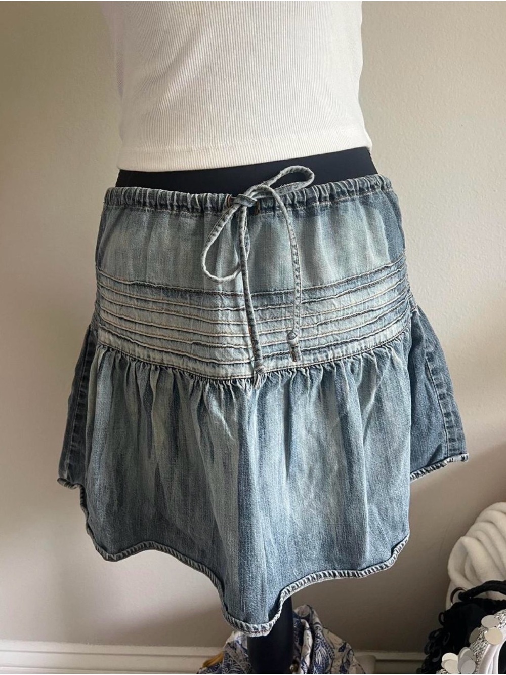 Washed Blue Denim Drawstring Tiered Skirt